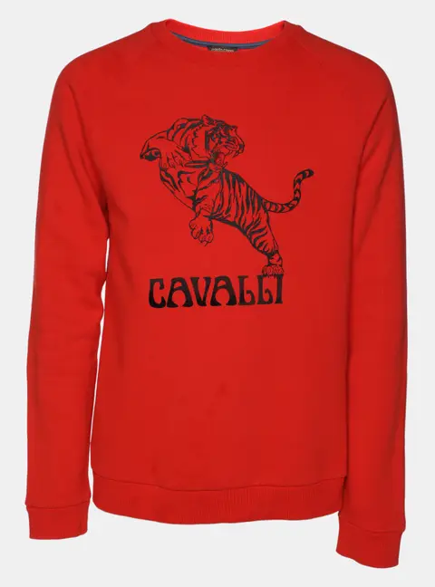 Roberto Cavalli Orange Cotton Knit Blend Tiger Print Sweatshirt L