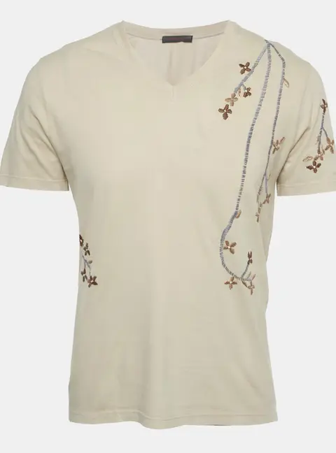 Roberto Cavalli Beige Floral Embroidered Jersey V-Neck T-Shirt S