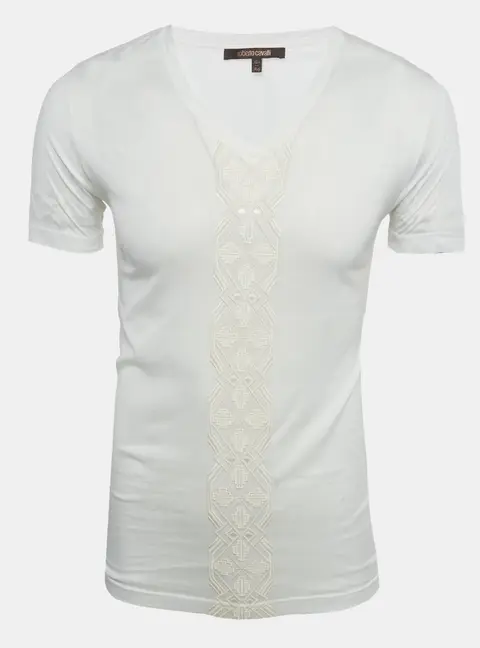 Roberto Cavalli White Embroidered Jersey V-Neck T-Shirt S
