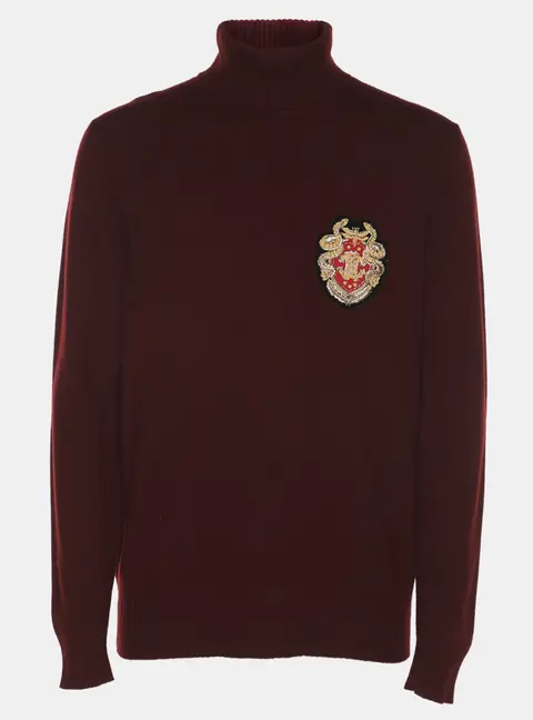 Roberto Cavalli Burgundy Wool Blend Logo Patch Turtle Neck Sweater M