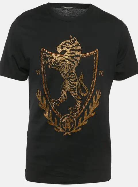 Roberto Cavalli Black Crest Crystal Embellished Cotton Knit T-Shirt L