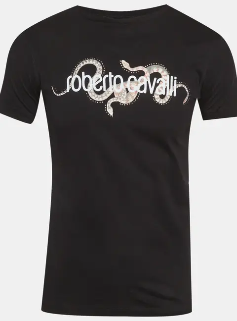 Roberto Cavalli Black Snake Graphic Logo Crew Neck T-Shirt S
