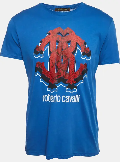 Roberto Cavalli Blue Logo Print Crewneck T-Shirt L