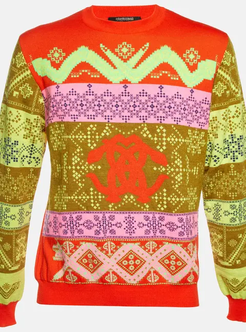 Roberto Cavalli Orange Logo Geometric Jacquard Knit Sweater M