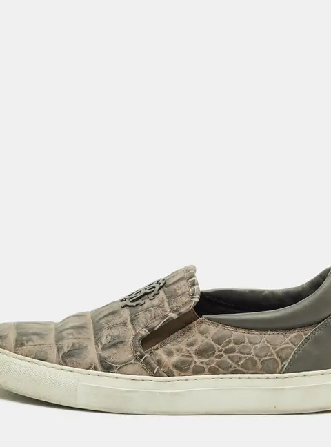 Roberto Cavalli Size 40 Green Croc Embossed Leather Logo Slip On Sneakers