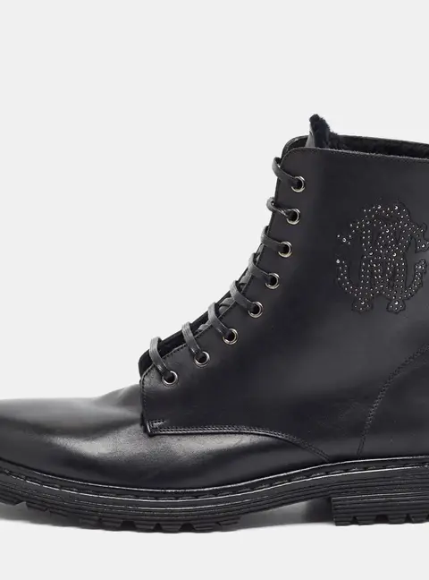 Roberto Cavalli Size 43.5 Black Leather Lace-Up Combat Boots