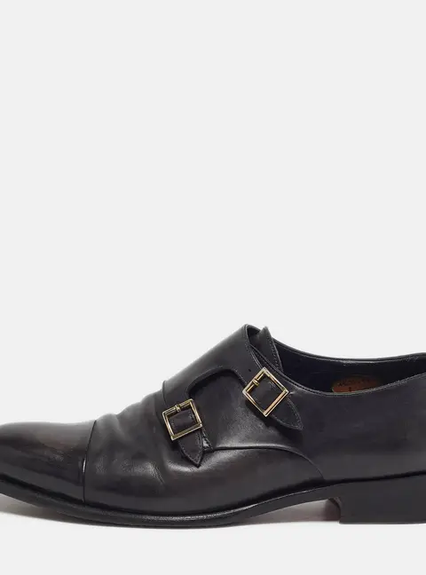 Santoni Size 44.5 Black Leather Monk Strap Derby