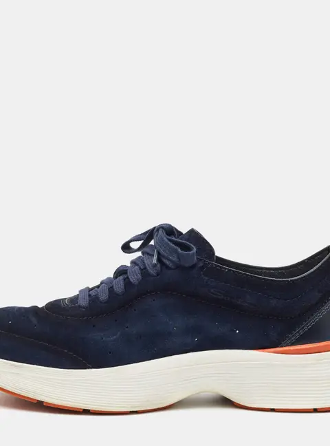 Santoni Easy Bounce Size 41 Navy Blue Leather and Suede Low Top Sneakers