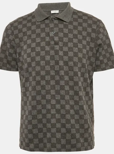Sandro Grey Check Print Cotton Pique Polo T-Shirt L