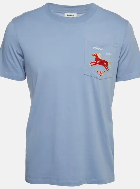 Sandro Blue Horse Embroidered Jersey Pocket T-Shirt S