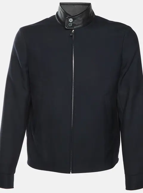 Sandro Black Wool Blend Leather Collar Detail Zip Up Jacket M