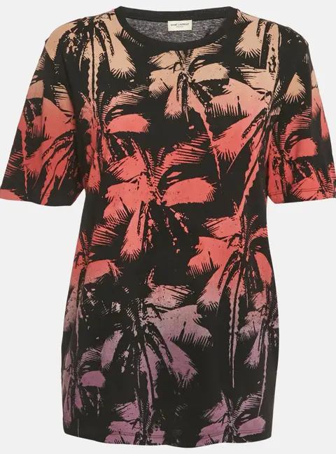 Saint Laurent Paris Black Palm Print Cotton T-Shirt XS