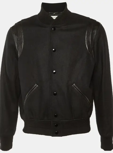 Saint Laurent Paris Black Wool & Leather Trim Bomber Jacket M