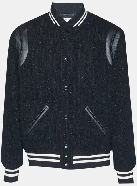 Saint Laurent Black Leather Trim Tweed Varsity Jacket XXL