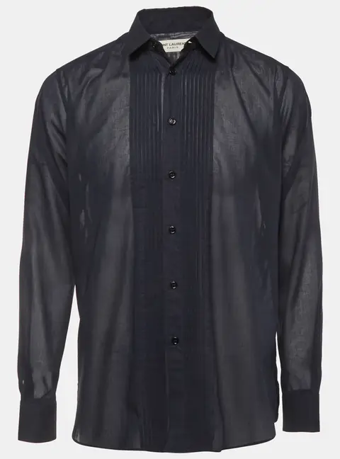 Saint Laurent Navy Blue Cotton Voile Pintuck Shirt L