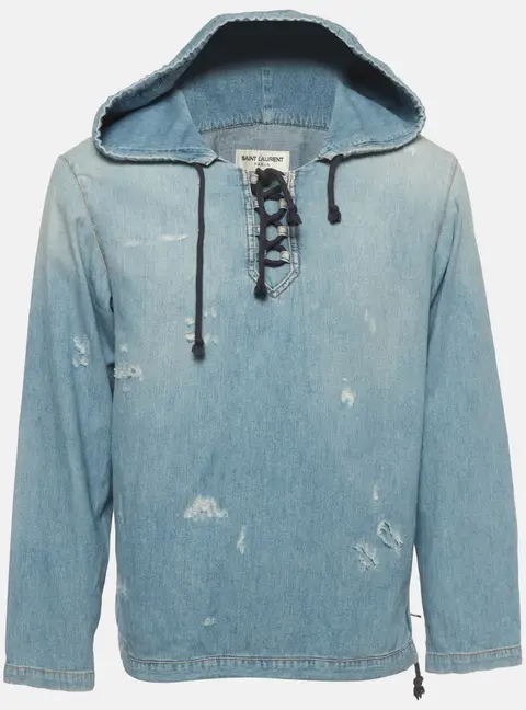 Saint Laurent Blue Distressed Denim Hoodie S