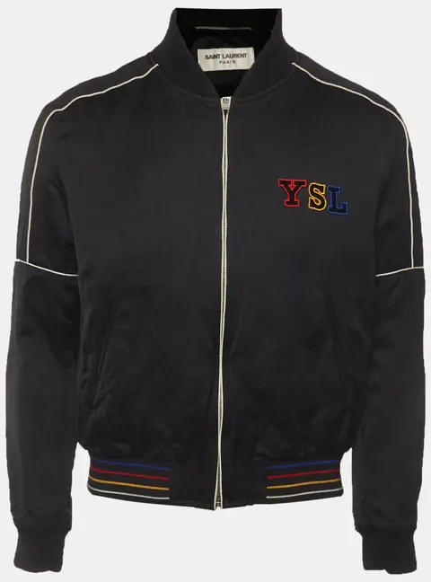 Saint Laurent Black Logo Embroidered Satin Bomber Jacket M