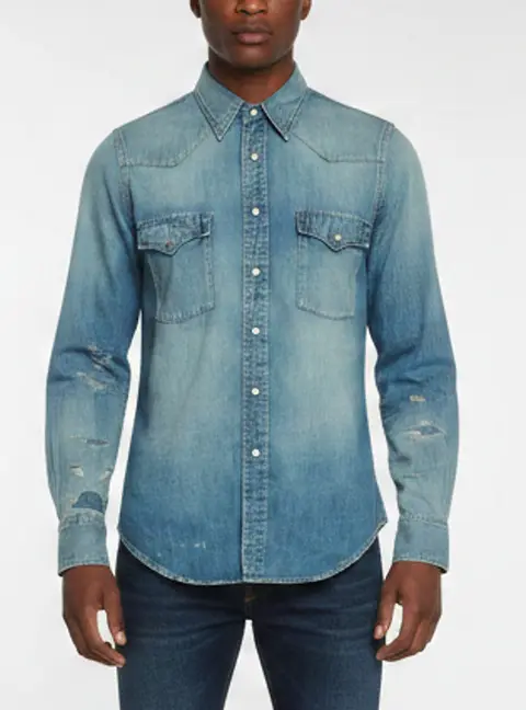 Saint Laurent Blue Distressed Denim Western Shirt S