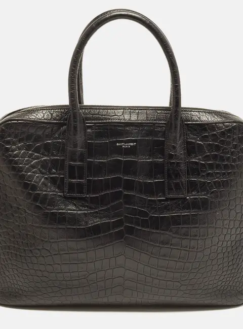 Saint Laurent Museum Small Black Croc Embossed Leather Briefcase