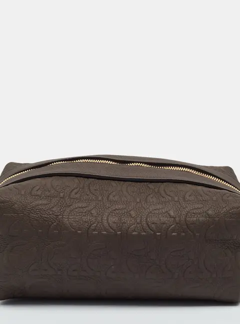 Salvatore Ferragamo Dark Brown Gancini Embossed Leather Toiletry Pouch