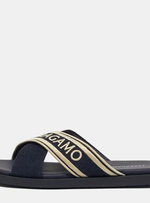Salvatore Ferragamo Logo Size 45 Navy Blue Canvas Criss Cross Slide Sandals
