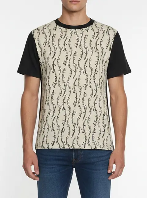 Salvatore Ferragamo Beige/Black Logo Print Crepe and Jersey T-Shirt S