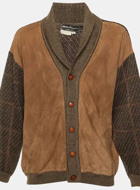 Salvatore Ferragamo Vintage Brown Suede & Wool Knit Cardigan XL