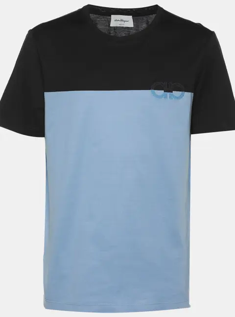 Salvatore Ferragamo Black/Blue Logo Embroidered T-Shirt L