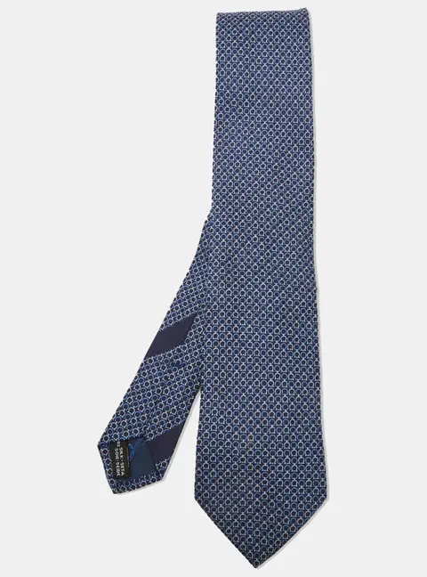 Salvatore Ferragamo Navy Blue Gancini Jacquard Silk Classic Tie