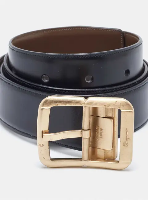 Salvatore Ferragamo Black/Tan Leather Cut to Size Reversible Buckle Belt