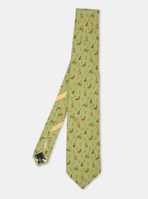 Salvatore Ferragamo Green Animal Print Silk Tie