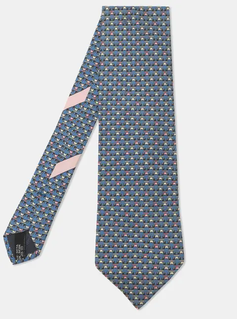 Salvatore Ferragamo Blue/Pink F1 Race Printed Silk Neck Tie
