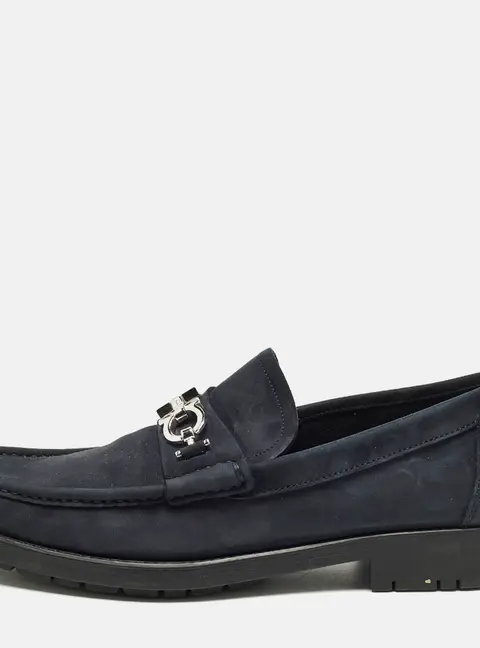 Salvatore Ferragamo Gancini Size 43 Navy Blue Nubuck Leather Slip On Loafers