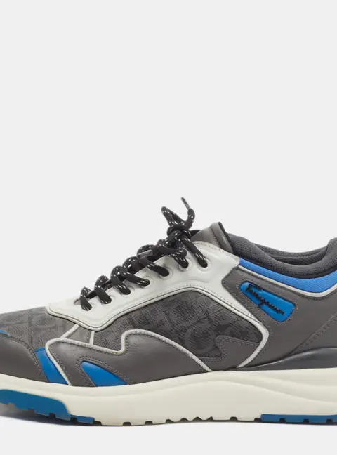 Salvatore Ferragamo Gancini Rainbow Size 42 Grey/Blue Canvas and Leather Lace Up Sneakers