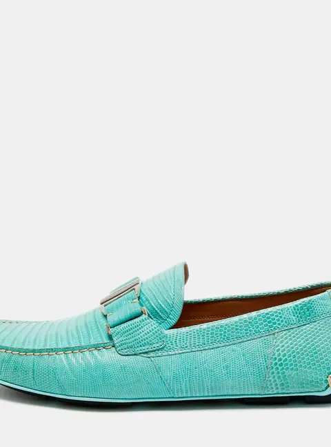 Salvatore Ferragamo Gancini Size 44 Green Leather and Lizard Leather Loafers