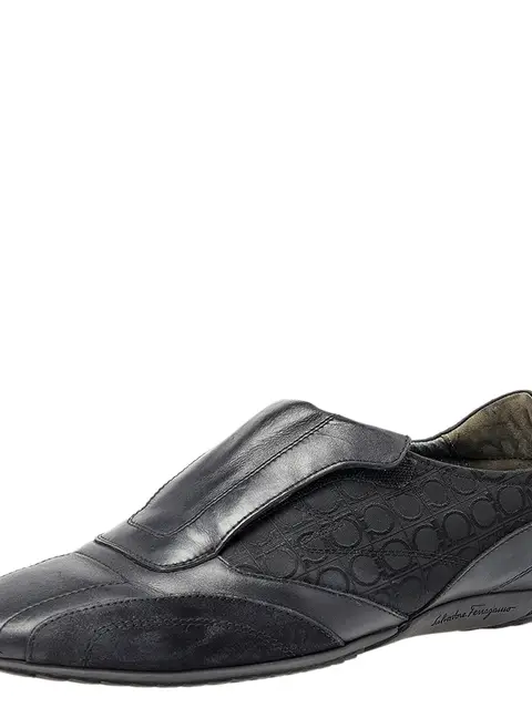 Salvatore Ferragamo Black Leather And Signature Canvas Slip On Sneakers Size 42
