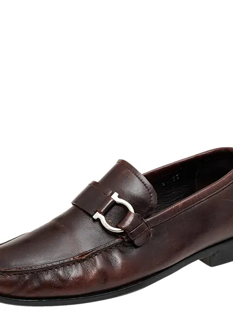 Salvatore Ferragamo Brown Leather Gancio Slip On Loafers Size 40