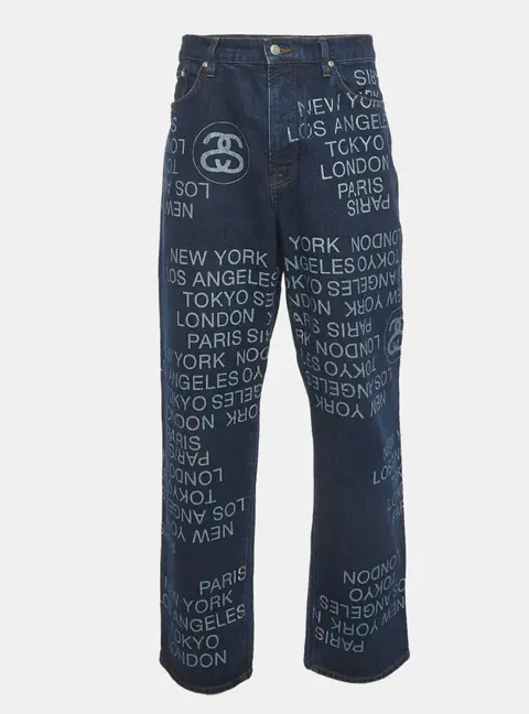 Stussy Blue Big Ol' City Link Print Denim Baggy Jeans L/Waist 37"