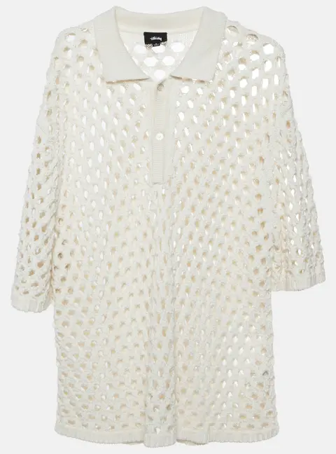St&uuml;ssy Cream Crochet Knit Mesh Polo Sweater L