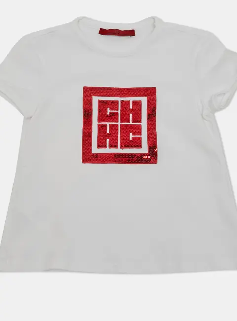 Carolina Herrera Kids White Red Sequin CH Logo T-Shirt 4 Yrs