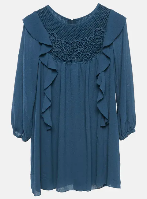 Chloe Blue Crepe Ruffled Lace Overlay Detail Dress 10 Yrs