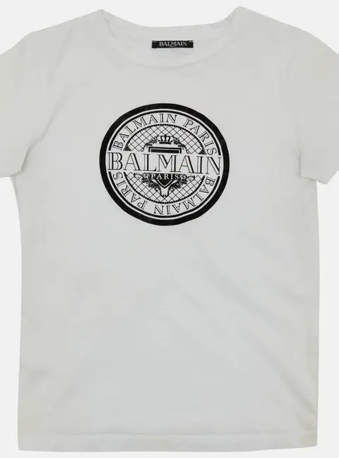 Balmain Kids  White/Black Logo Applique Cotton T-Shirt 10 Yrs