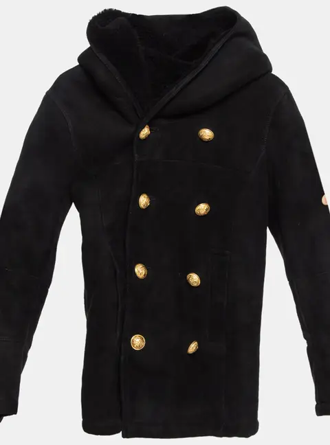 Balmain Black Wool Hooded Double Breast Shearling Coat 10A