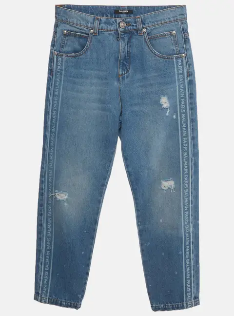 Balmain Kids Blue Denim Logo Stripe Distressed Jeans 12 Yrs/Waist 26"