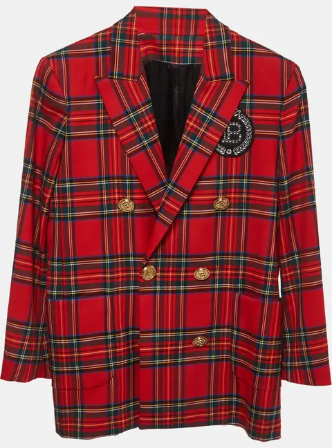 Balmain Kids Red Tartan Wool Double-Breasted Blazer 12Yrs
