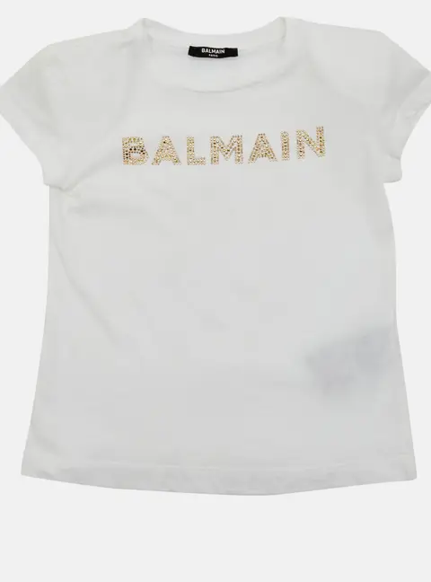 Balmain Kids White Embellished Logo Cotton Short Sleeve T-Shirt 8Yrs