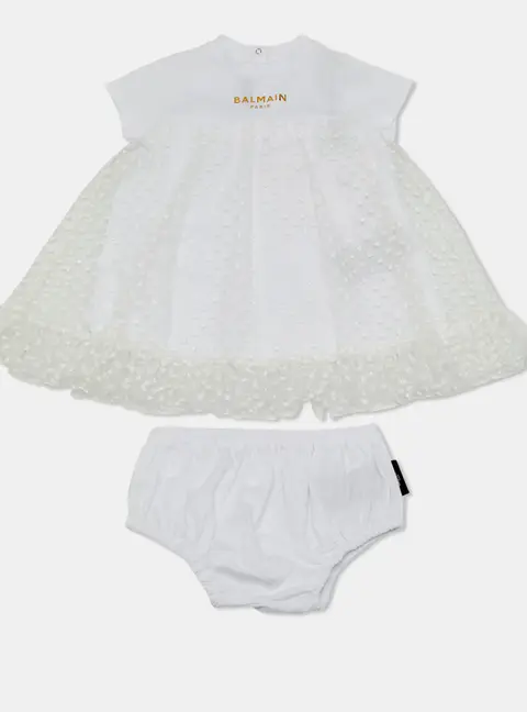 Balmain Kids White Polka Dots Gillter Cotton and Tulle Set 9M