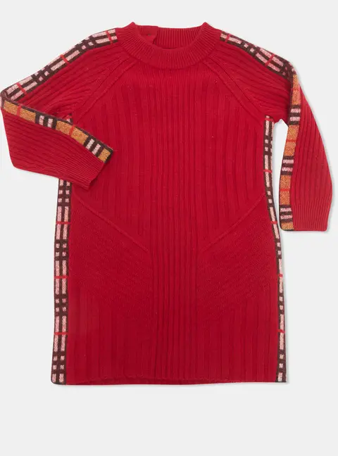 Burberry Children Red Tartan Stripe Detail Knitted Sweater Dress 3Yrs