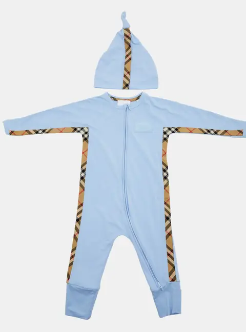 Burberry Kids Blue Check Trim Cotton 3-Piece Baby Romper Gift Set 9M