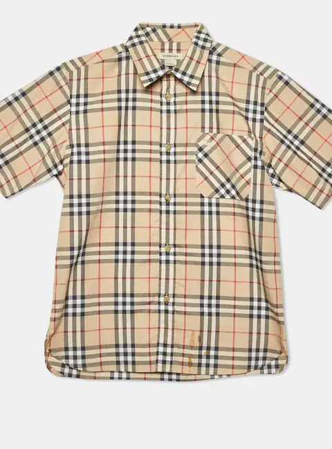 Burberry Kids Beige Tartan Check Cotton Button Front Shirt 12 Yrs